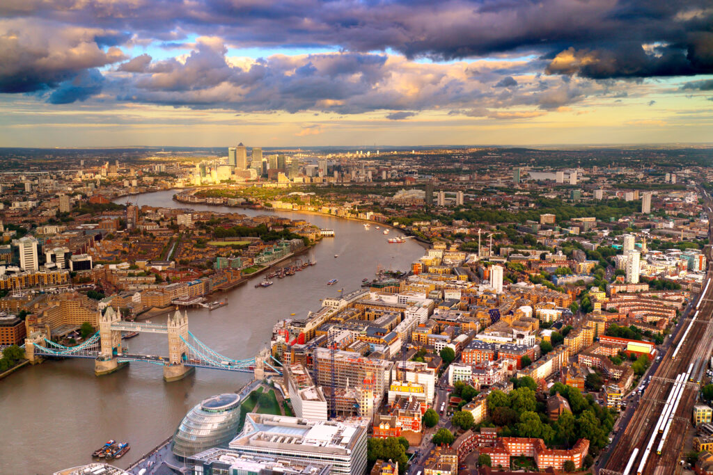 East London Skyline Showing Tower Bridge Canary Wharf City Hall