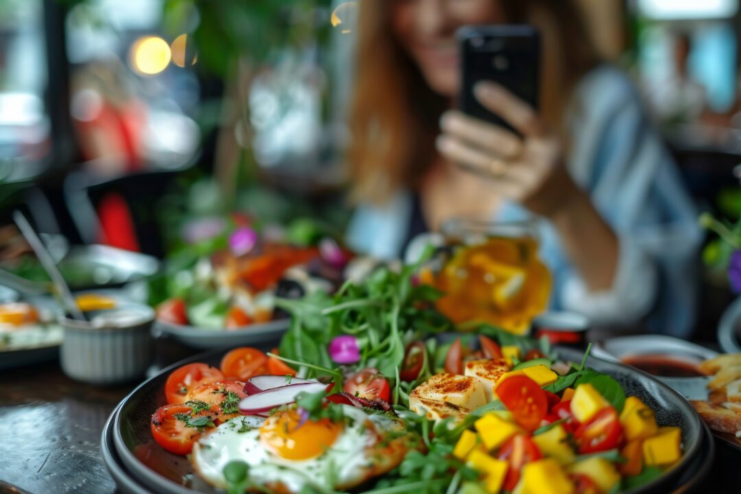 A photo of a person taking a picture of a colorful breakfast plate with fried eggs, vegetables, and fruit.
