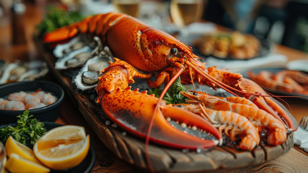  A close-up photo of a seafood platter with a large lobster, oysters, and shrimp