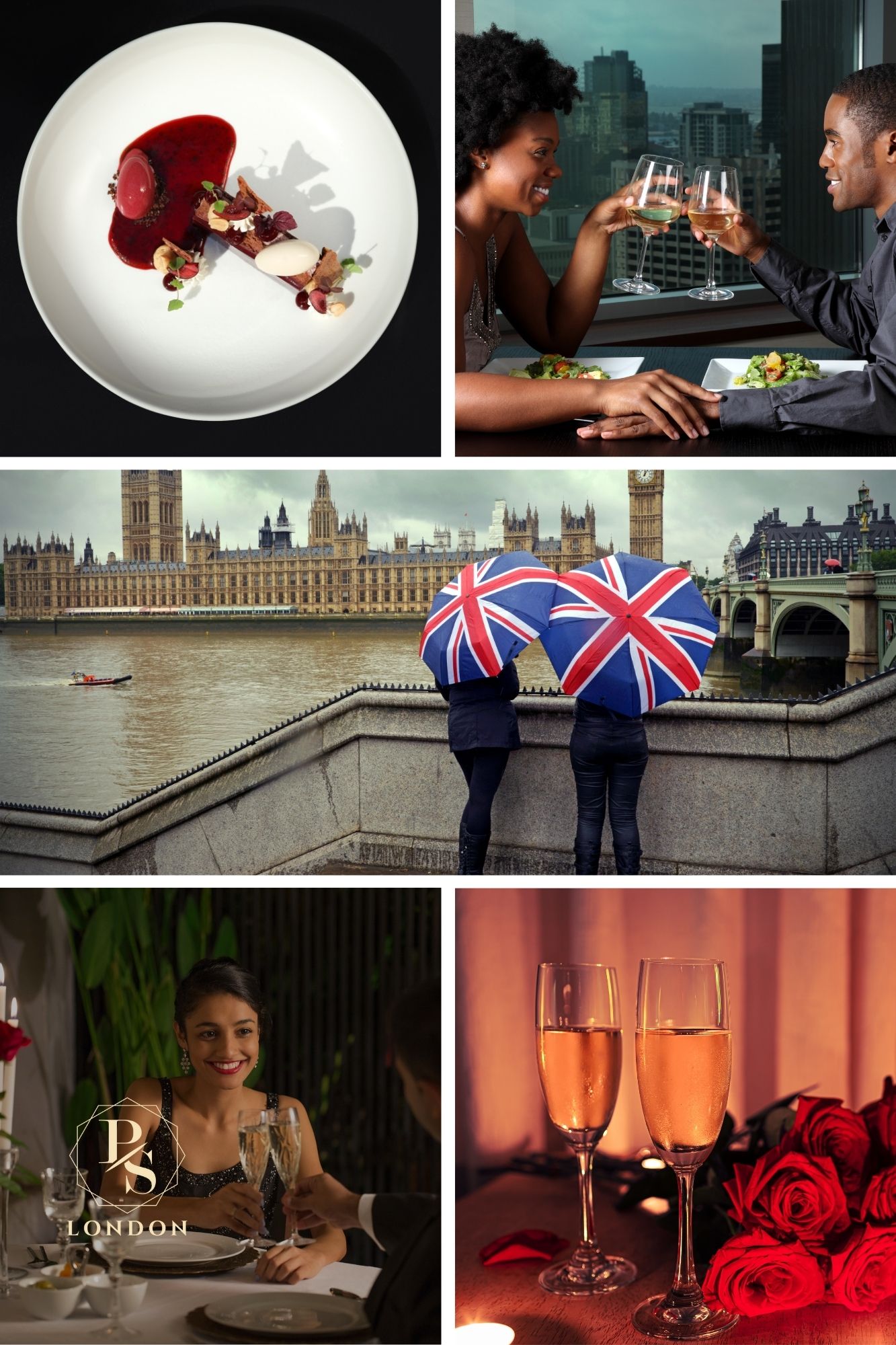 a collage of pictures showcasing some of London date Ideas For Romantic Evenings in London, Curated by P.S. London