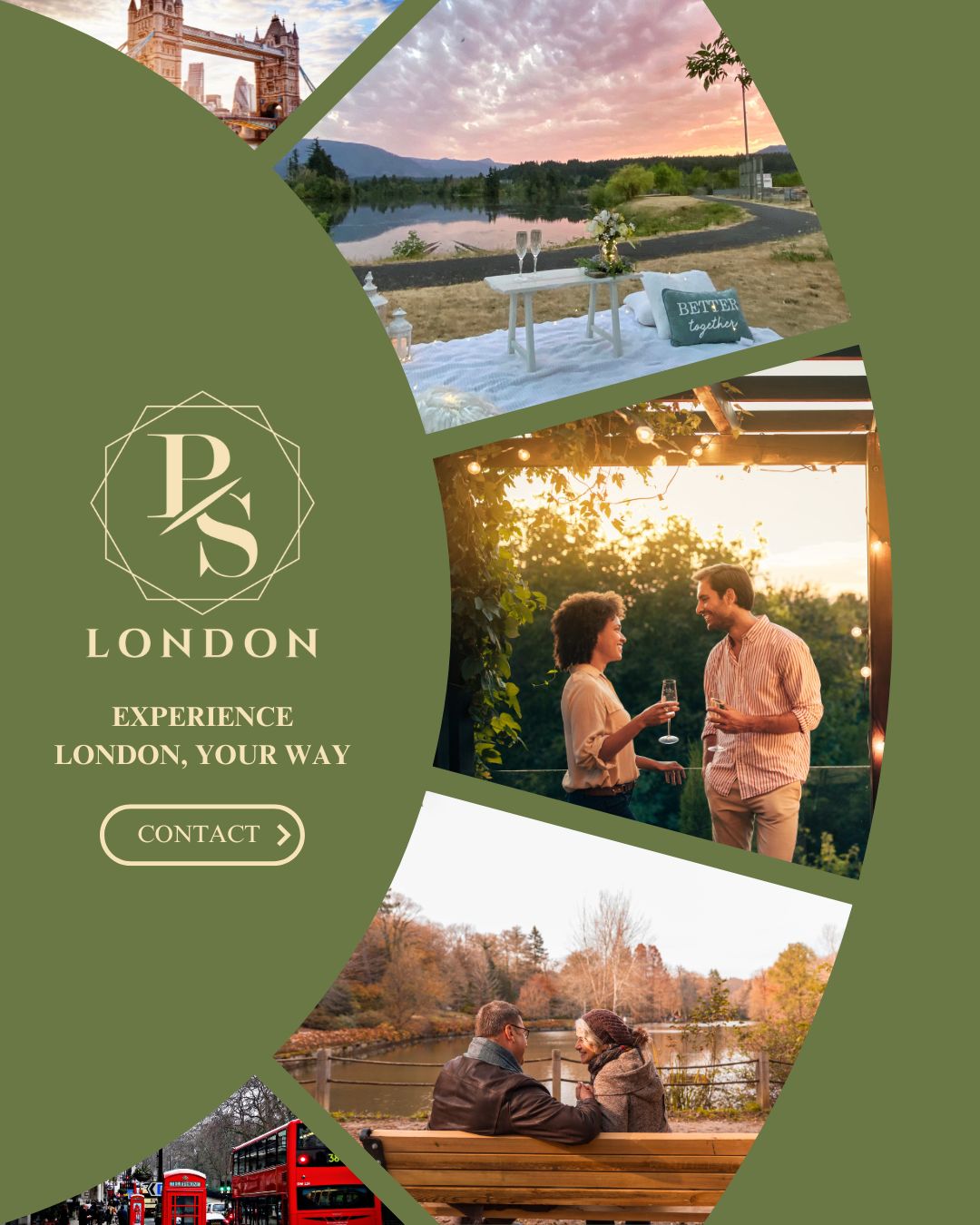 a collage of pictures showcasing date night inspirations in london, proposed by PS LONDON event planner.