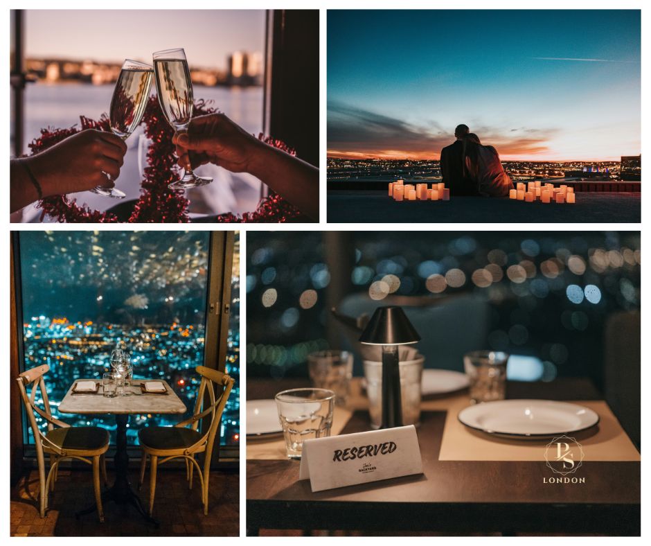 a collage of images showcasing valentine date ideas in London, from great restaurants to amazing venues.