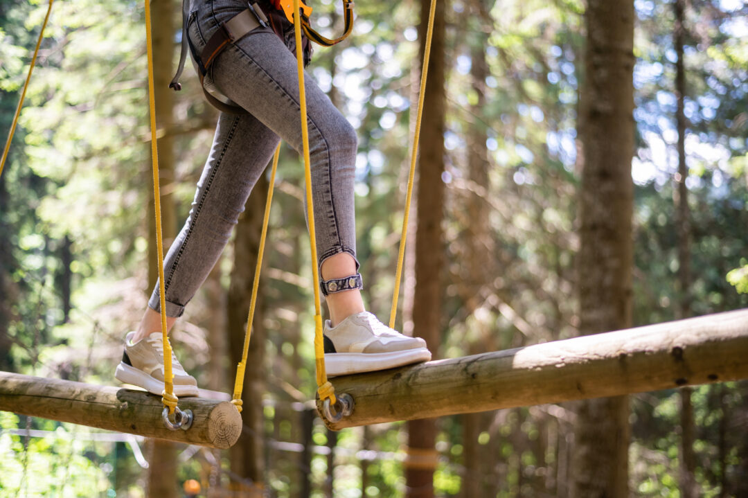 A person navigating a high ropes course in an adventure park at Go Ape. Surrounded by dense forest, the scene captures a sense of excitement and challenge, with ropes, platforms, and safety gear visible.